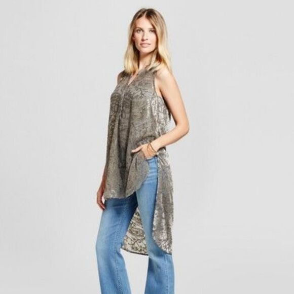 Gray Sleeveless High-Low Tunic Burnout Floral Dress Shirt Size L - Picture 2 of 10